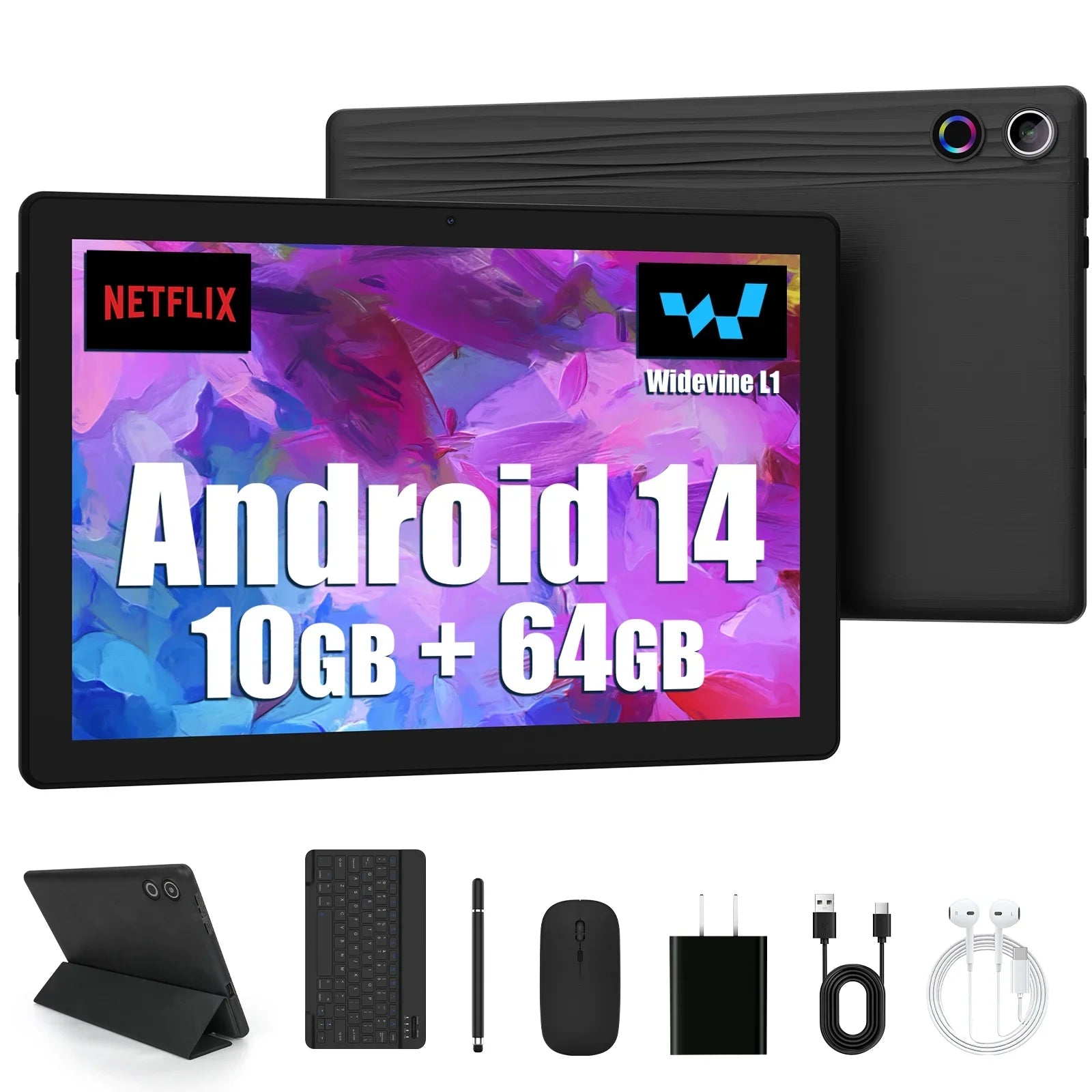 Android 14 Tablet - 10" Octa Core 12GB RAM 64GB ROM with Keyboard Mouse Set 5000mAh Battery