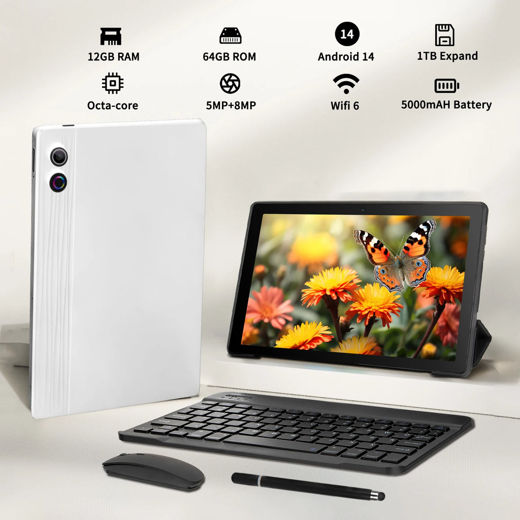 Android 14 Tablet - 10" Octa Core 12GB RAM 64GB ROM with Keyboard Mouse Set 5000mAh Battery