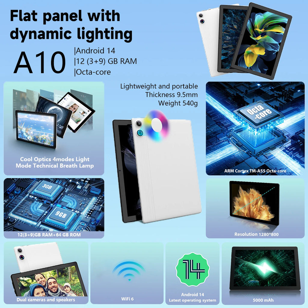 Android 14 Tablet - 10" Octa Core 12GB RAM 64GB ROM with Keyboard Mouse Set 5000mAh Battery