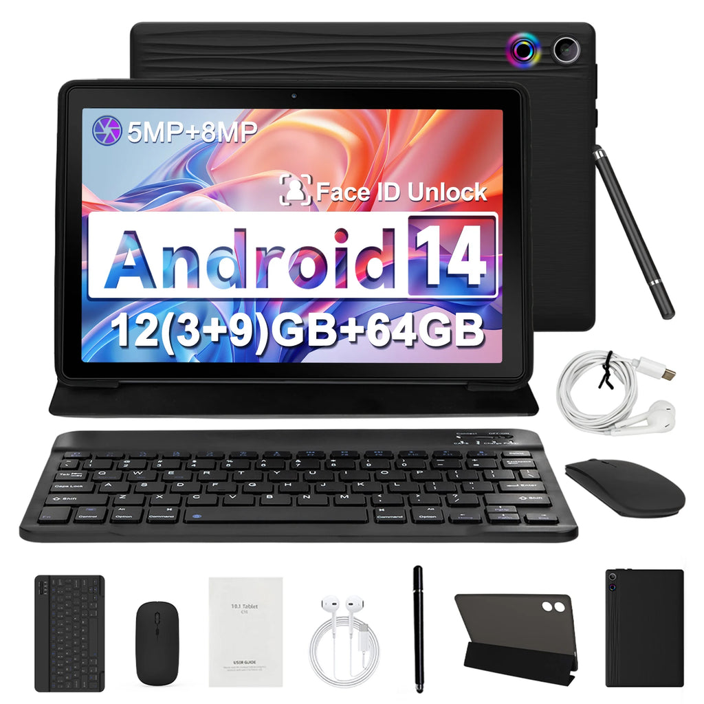 Android 14 Tablet - 10" Octa Core 12GB RAM 64GB ROM with Keyboard Mouse Set 5000mAh Battery