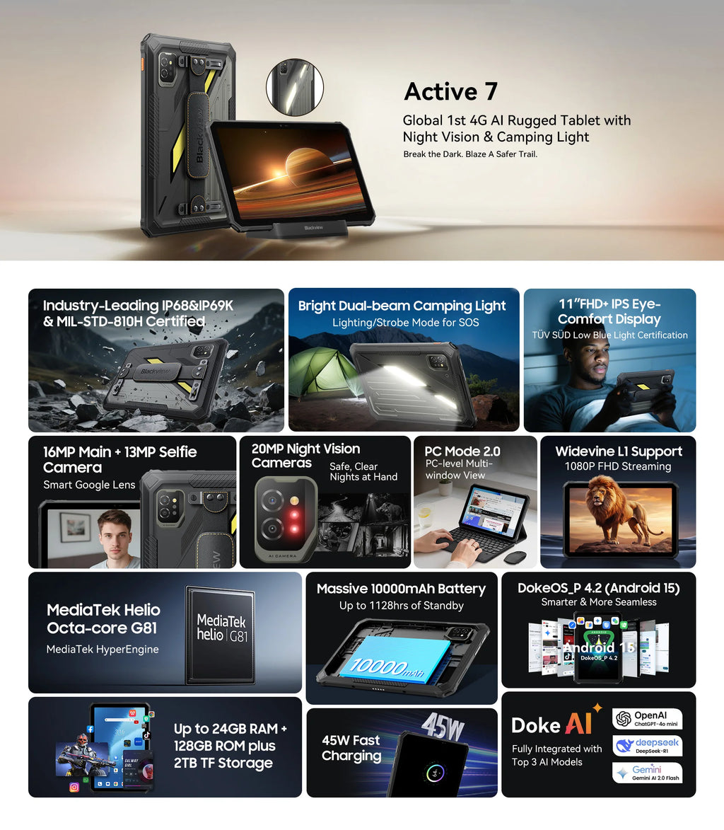Device+ Active 7 Rugged Tablet - 11" FHD 24GB RAM 128GB Android 15 10000mAh NFC Dual Webcam