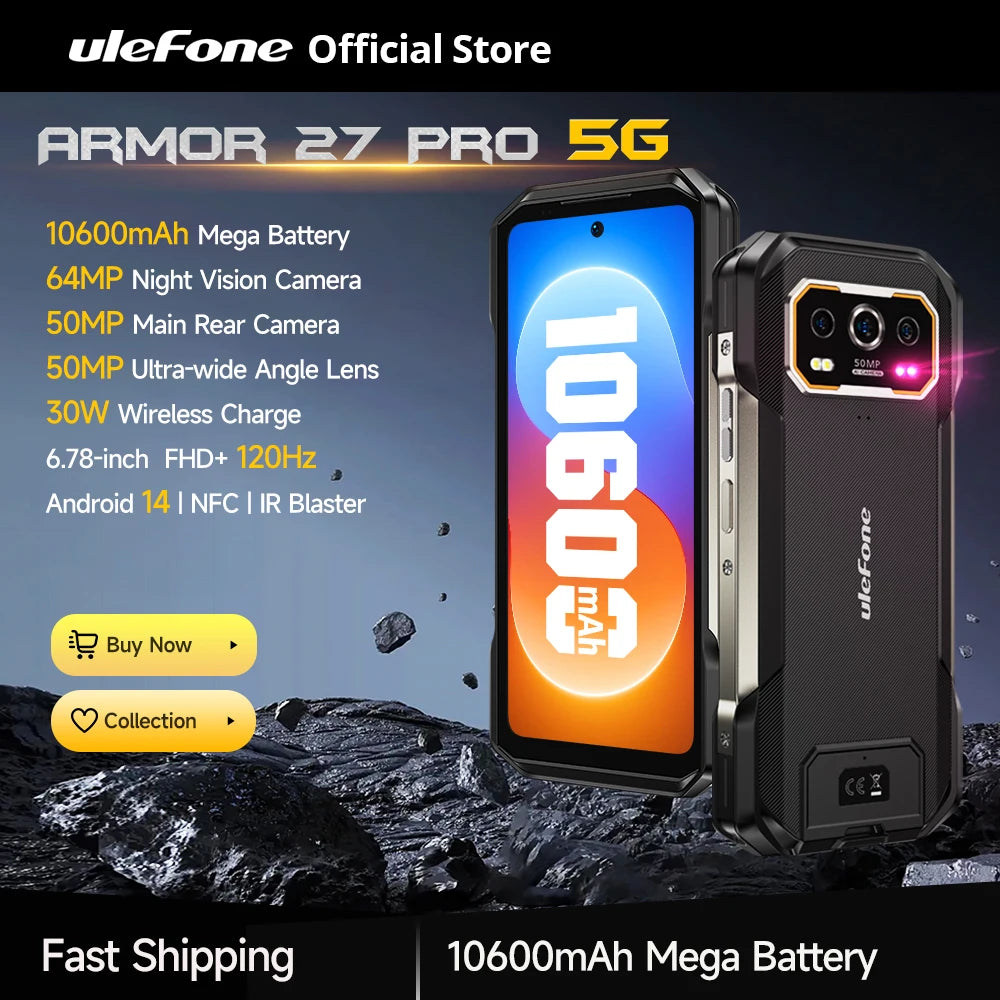 Armor 27 Pro 5G Rugged Smartphone - 10600mAh Battery 64MP Night Vision 24GB RAM Android 14
