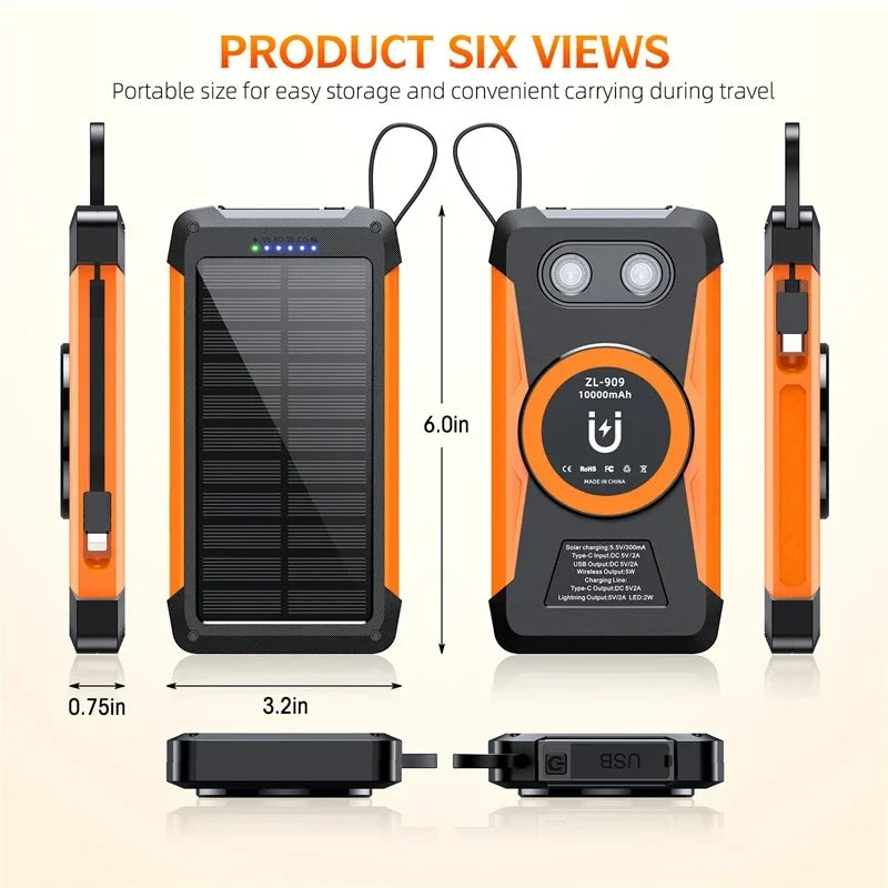 Device+ 20000mAh Solar Power Bank - 3-in-1 Magnetic 15W Wireless Charging with Built-In Cables