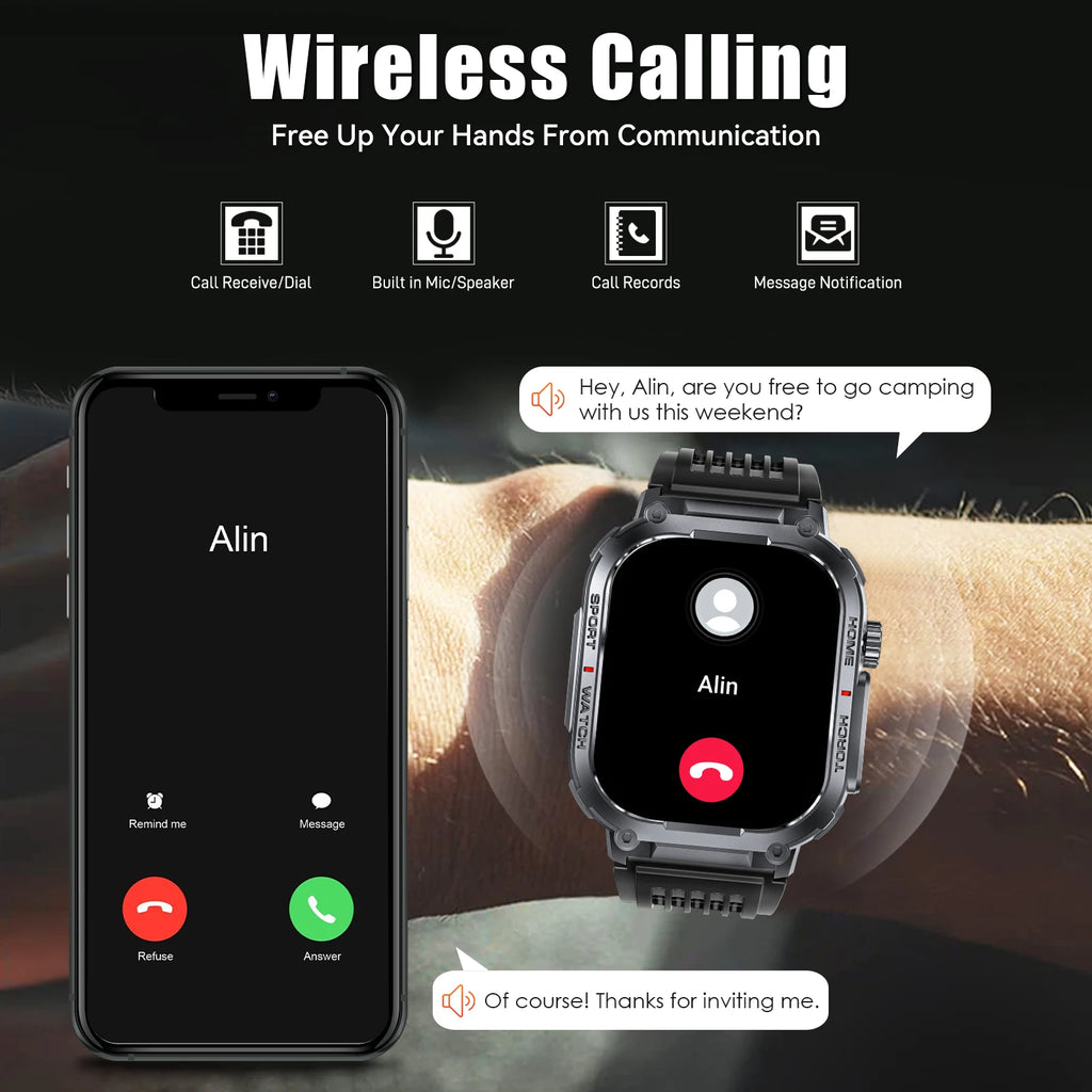 Device+ 3ATM Waterproof Smart Watch - 2.02" Display Compass LED Flashlight Sports Fitness Tracker