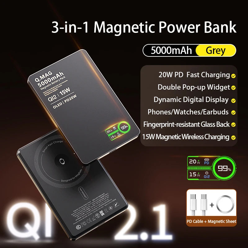Device+ Qi 2.1 Magnetic Power Bank - 5000/10000mAh Wireless Fast Charging for iPhone 12-17 Pro