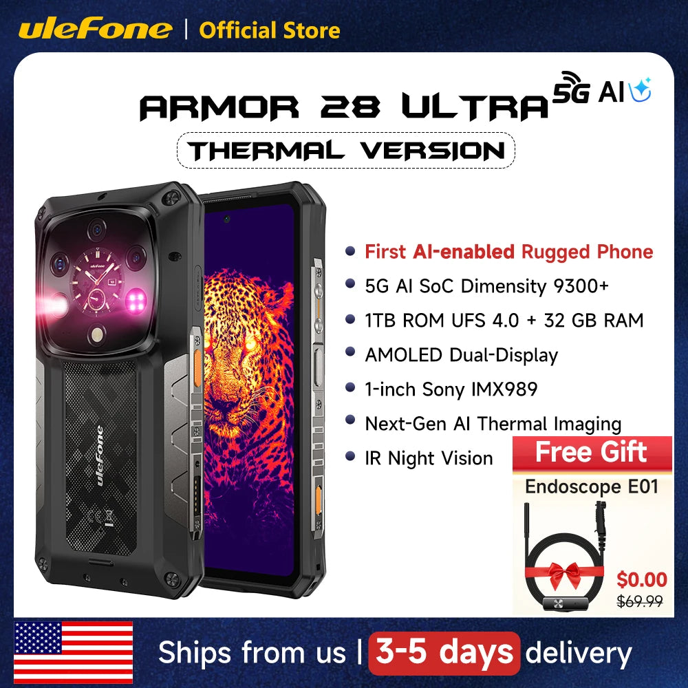 Device+ Armor 28 Ultra 5G Rugged Smartphone 1TB ROM 32GB RAM 6.67' AMOLED AI Thermal Imaging Dimensity 9300+ IP68 Certified