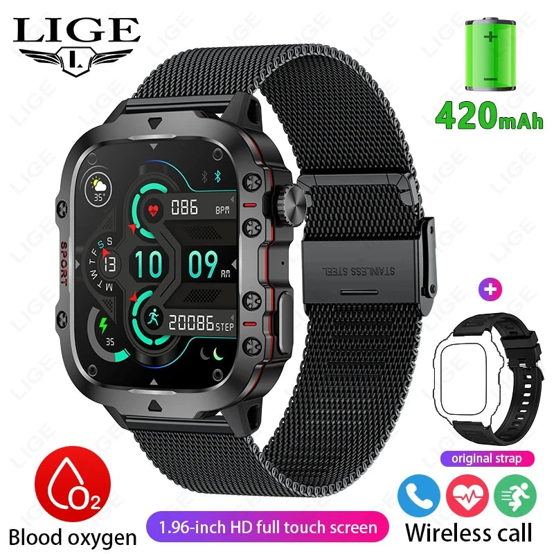 Rugged Military Smart Watch for Men - 2.01" Waterproof IP68 Bluetooth Calling Outdoor Fitness Tracker