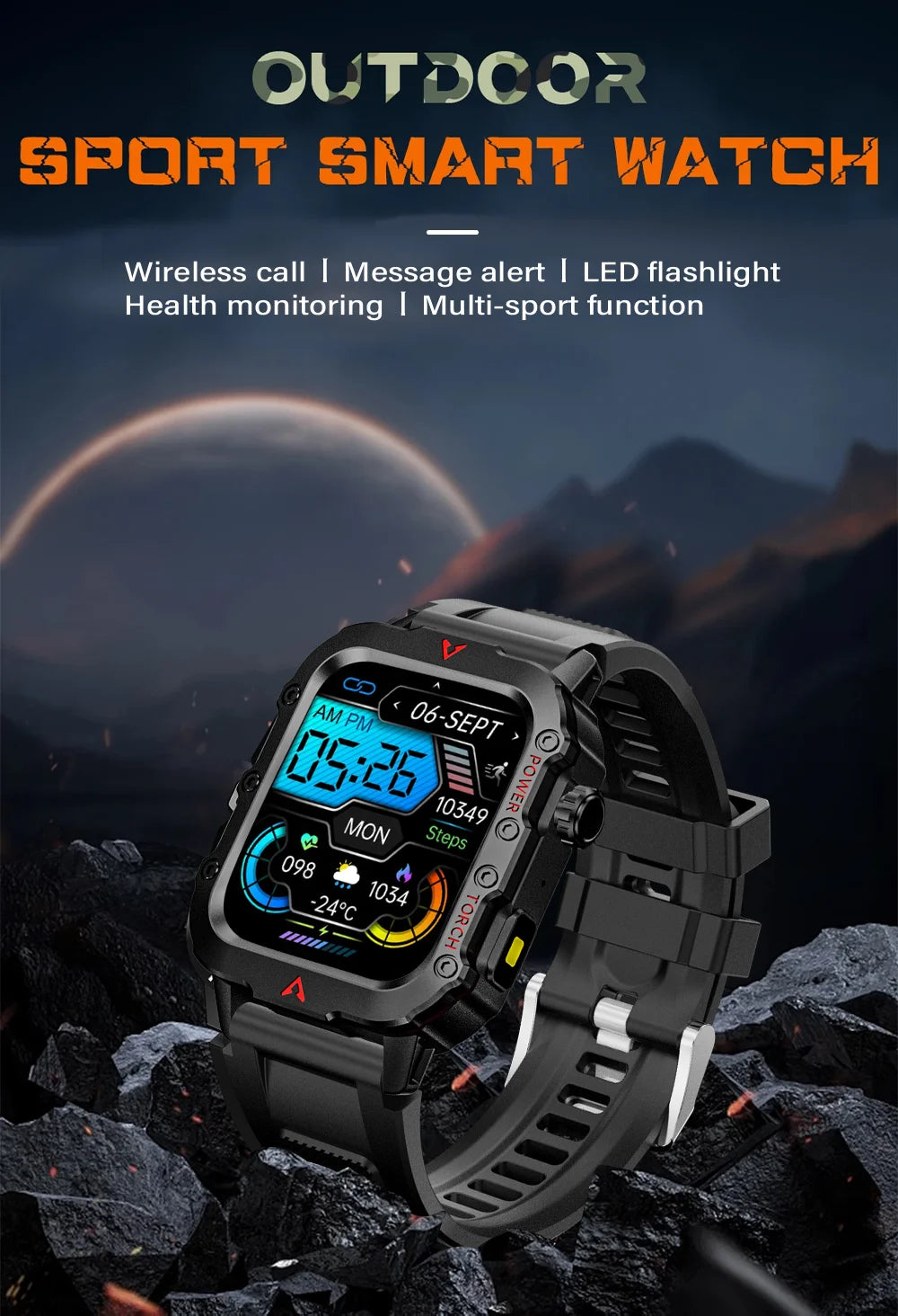 Device+ Men's Sports Smart Watch - 1.71" Blood Oxygen Monitor Bluetooth LED Flashlight Outdoor Fitness