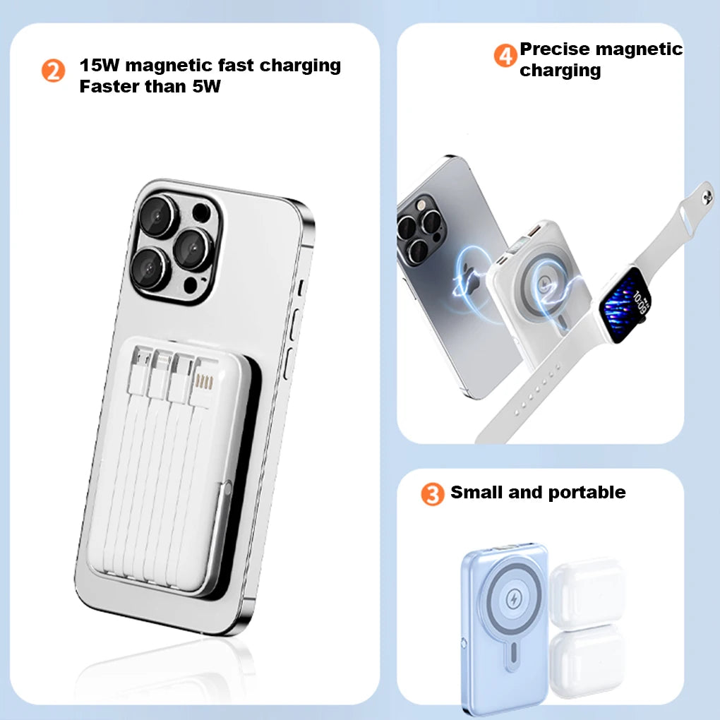 Device+ 10000mAh Magnetic Power Bank with Stand - 22.5W Wireless Fast Charging Built-In Cables