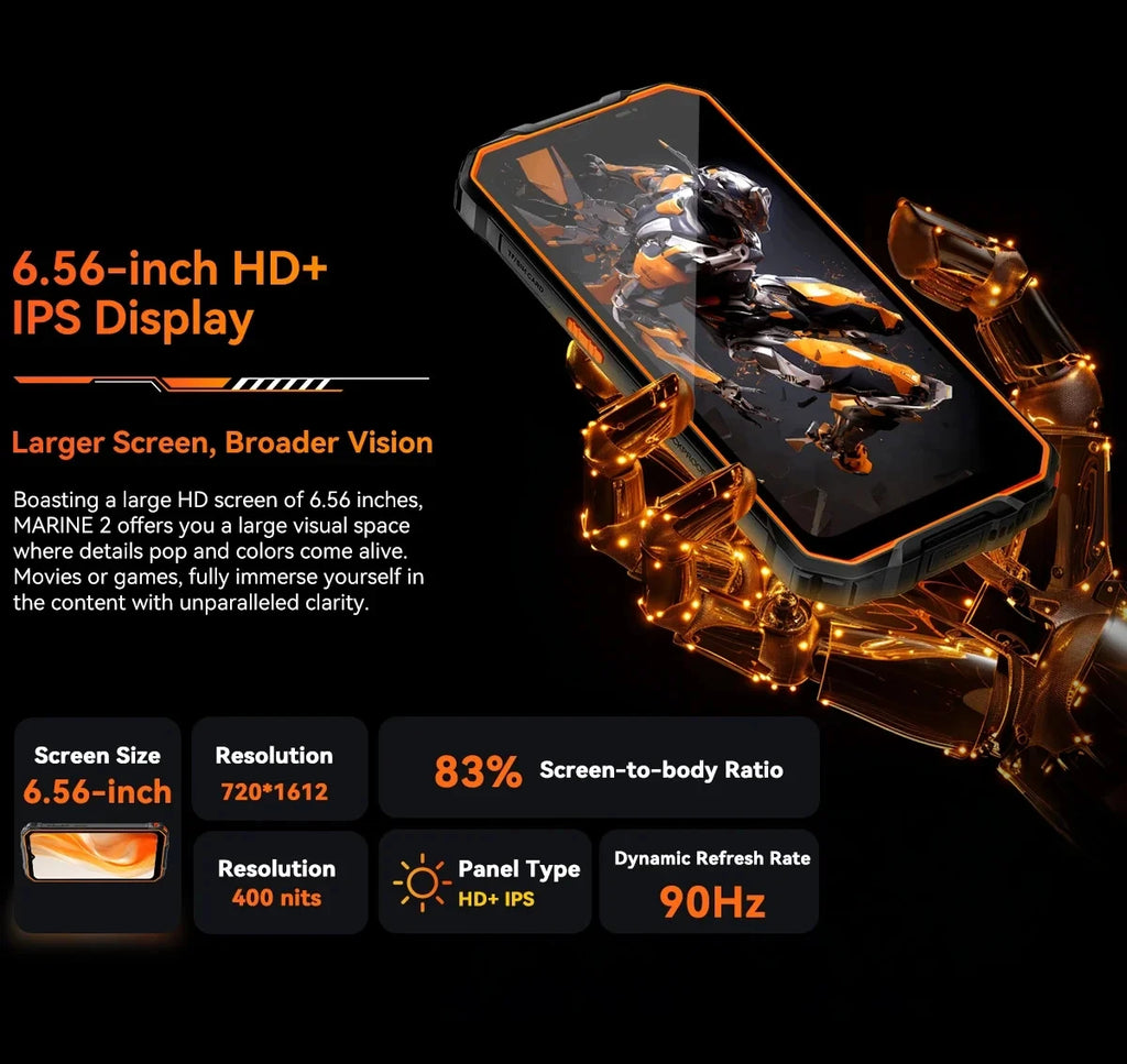 Device+ Marine 2 4G Rugged Phone 11000mAh Battery 6.56 " HD+Display 8GB, RAM 256GB Unisoc T61 Android 15 NFC Smartphone