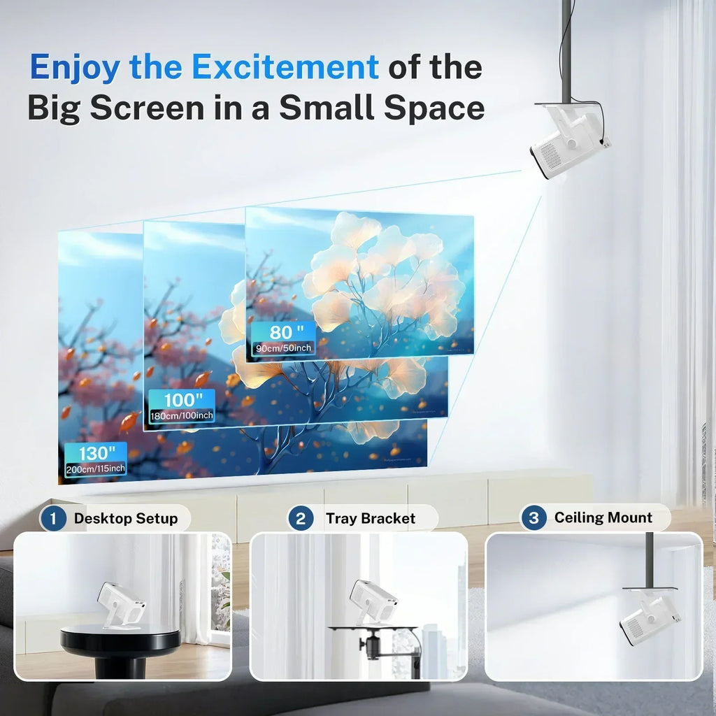 Device+ Smart Mini Projector 1080P 4K WiFi 6 & BT 5.4 Built-in Android TV Apps Auto Keystone 180° Rotation Outdoor Beamer 2000 Lumens