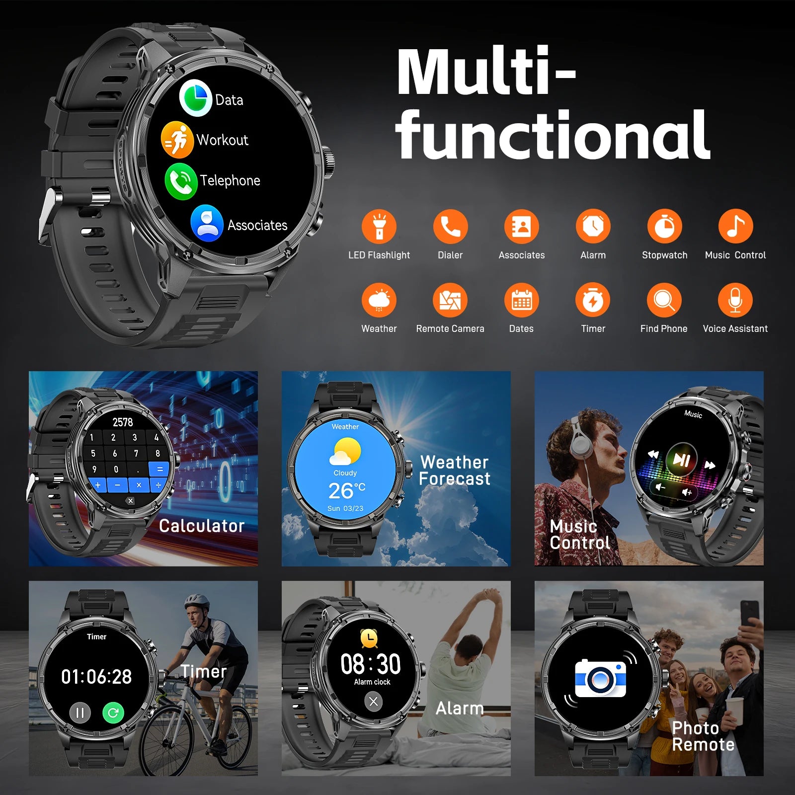 Device+ Military Rugged Smart Watch - 1.85" HD 710mAh Battery 100+ Sports Modes Heart Rate Monitor