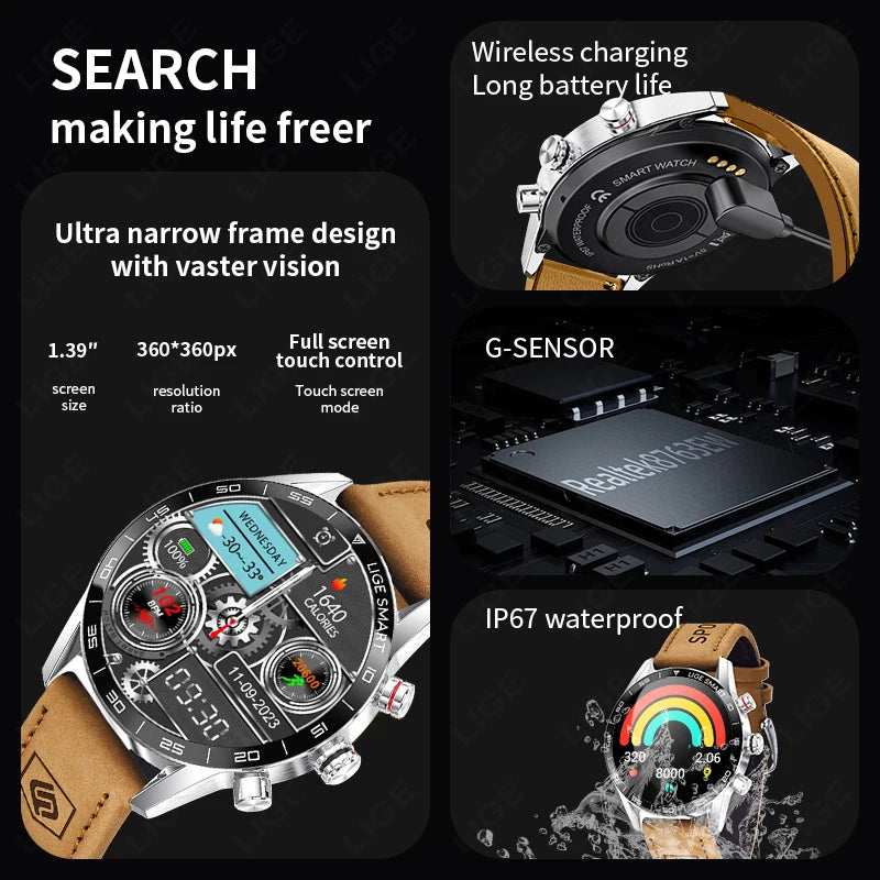 LIGE Rugged Military Smart Watch - AMOLED HD Display with Bluetooth Calling & Heart Rate Monitor