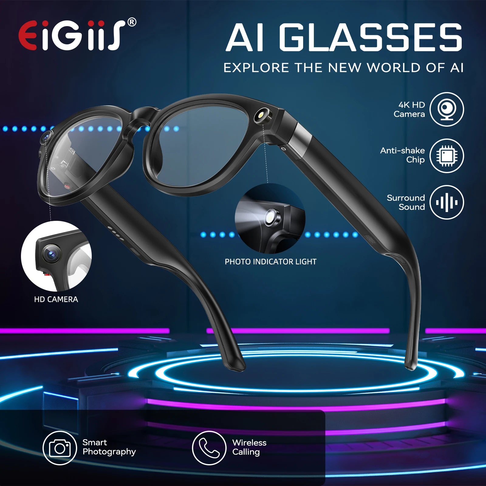 Device+ AI Smart Glasses - 800W Pixel HD Photography Video Recording Voice Calls Translation