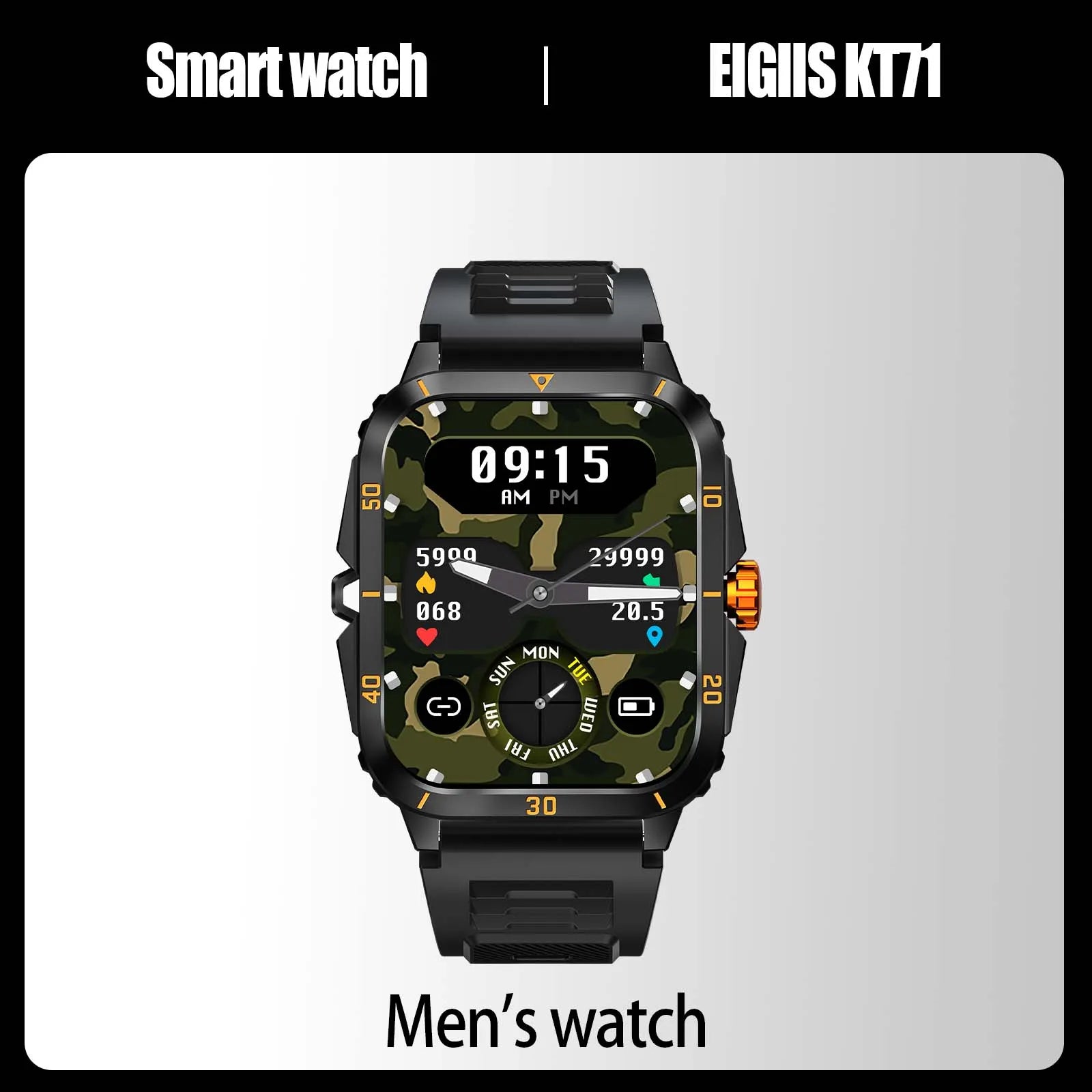 EIGIIS KT71 Military Smart Watch - 3ATM Waterproof with 100+ Sport Modes & Bluetooth Calling