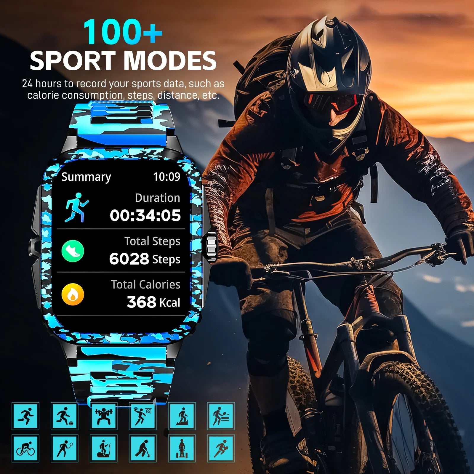 Device+ KT71 Camouflage Smart Watch - 3ATM Waterproof 1.96" Fitness Tracker with Bluetooth Calling