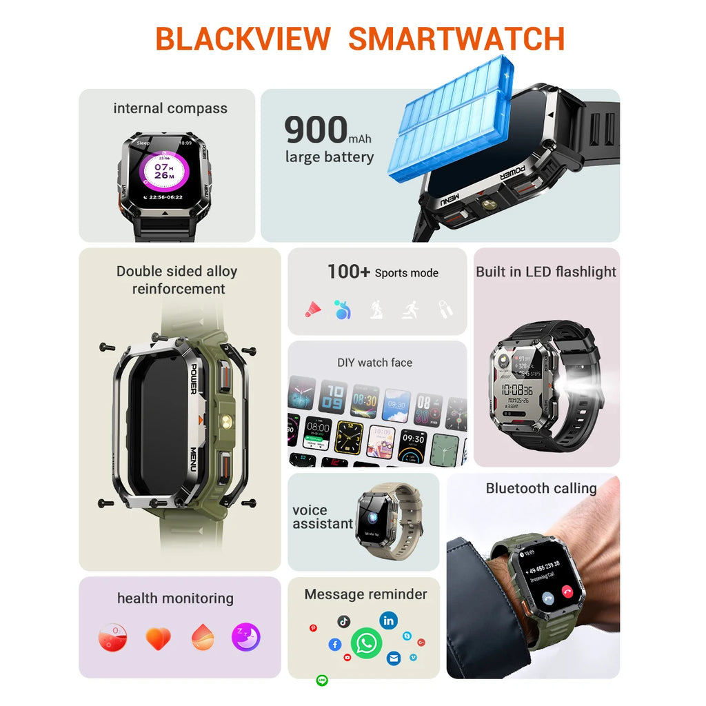 Device+ W70 Pro Outdoor Smartwatch - 2.01" Display LED Flashlight Compass 900mAh Battery
