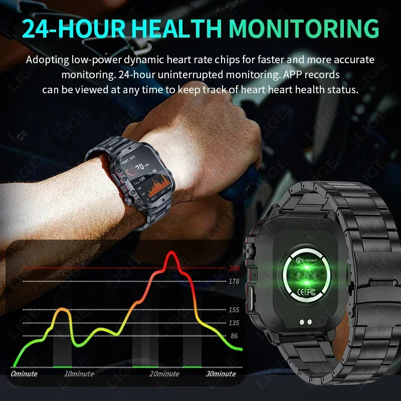 Rugged Military Smart Watch for Men - 2.01" Waterproof IP68 Bluetooth Calling Outdoor Fitness Tracker