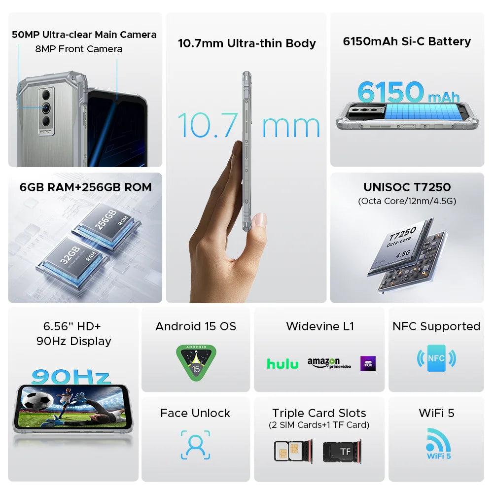 DOOGEE Blade10 pro Energy Rugged Smartphone 6.56'' Screen 6GB RAM 256GB ROM 6150mAh Battery Android 15 Octa Core UNISOC T7250