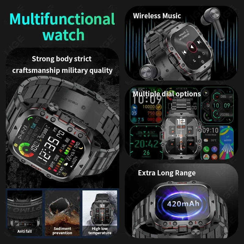 Rugged Military Smart Watch for Men - 2.01" Waterproof IP68 Bluetooth Calling Outdoor Fitness Tracker