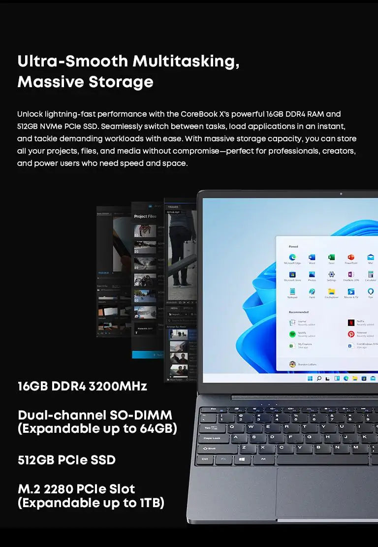 CoreBook X 14.1'' 2K Gaming Laptop AMD R5-7430U 16GB DDR4 RAM 512GB SSD Windows 11 Wifi6 up to 8h Battery Life