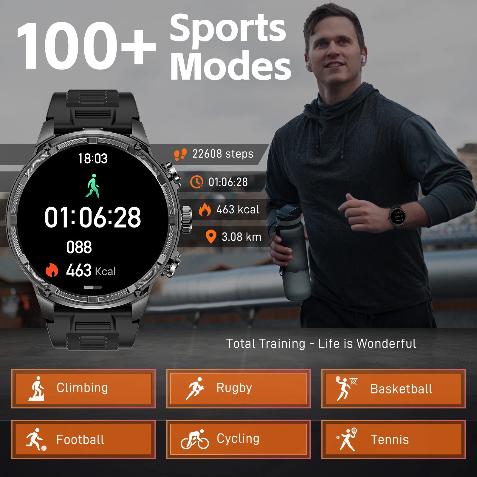 Device+ Military Rugged Smart Watch - 1.85" HD 710mAh Battery 100+ Sports Modes Heart Rate Monitor