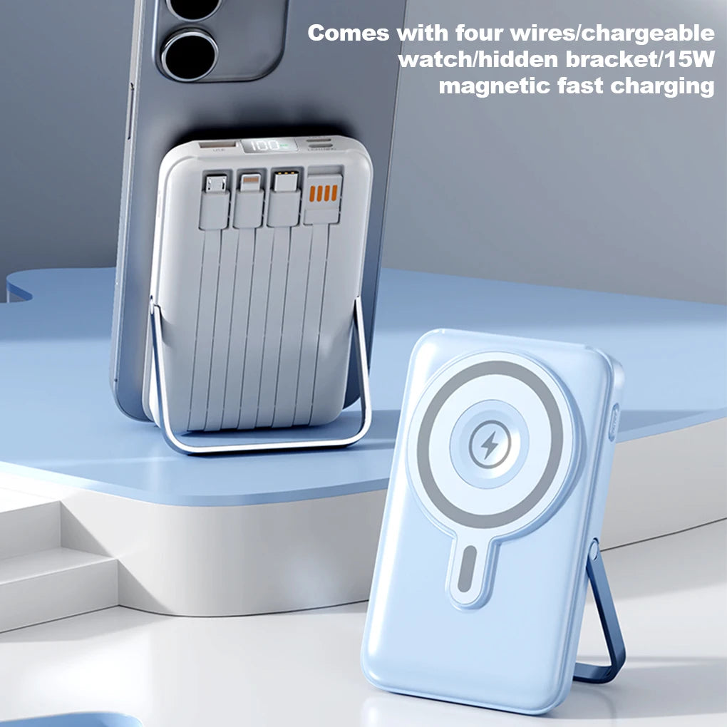 Device+ 10000mAh Magnetic Power Bank with Stand - 22.5W Wireless Fast Charging Built-In Cables