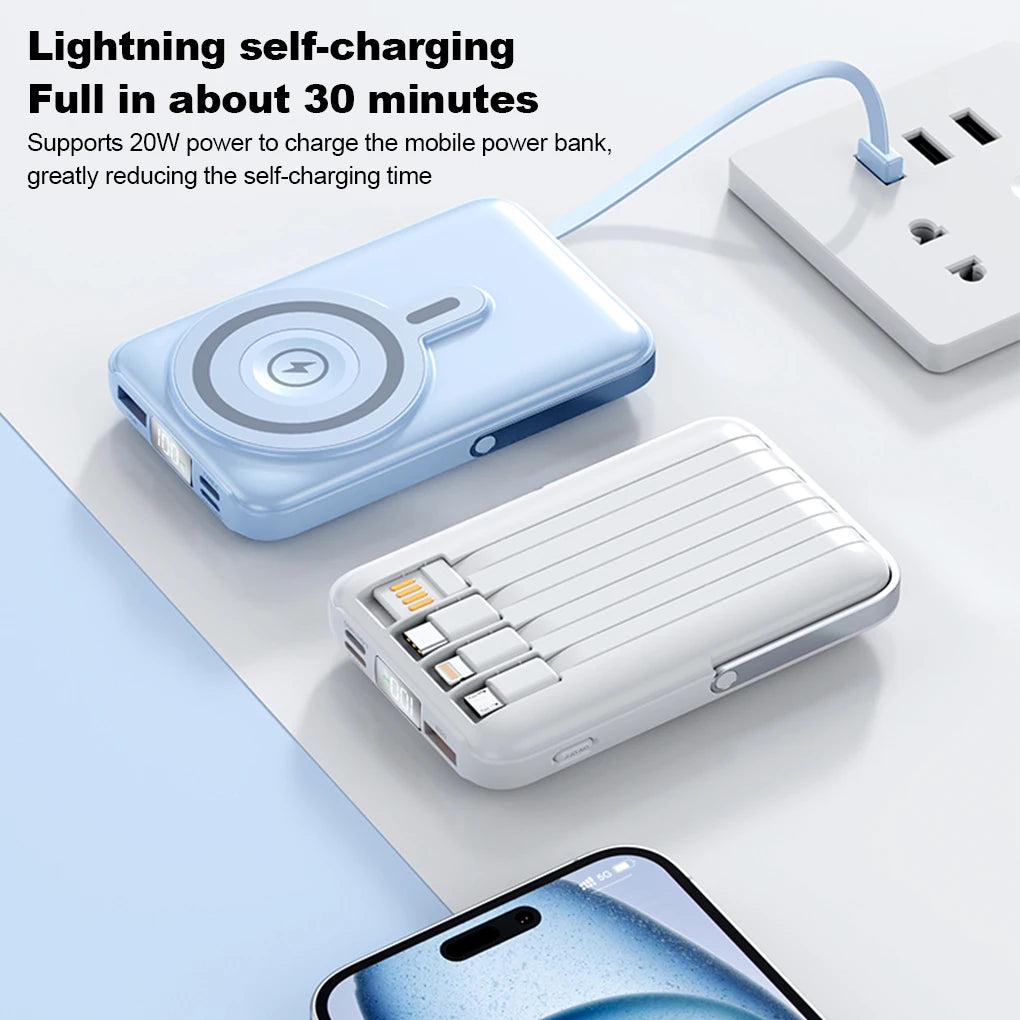 Device+ 10000mAh Magnetic Power Bank with Stand - 22.5W Wireless Fast Charging Built-In Cables
