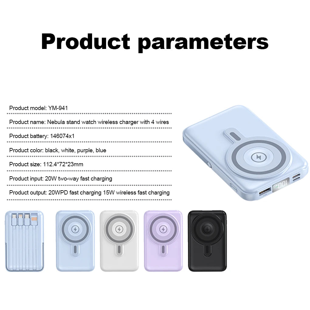 Device+ 10000mAh Magnetic Power Bank with Stand - 22.5W Wireless Fast Charging Built-In Cables