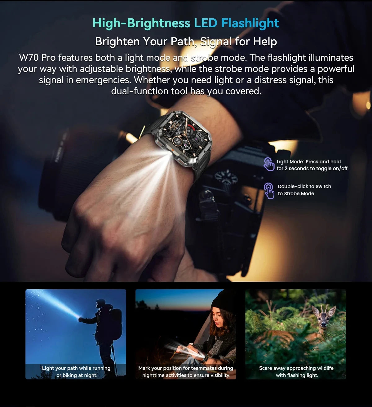 Device+ W70 Pro Outdoor Smartwatch - 2.01" Display LED Flashlight Compass 900mAh Battery