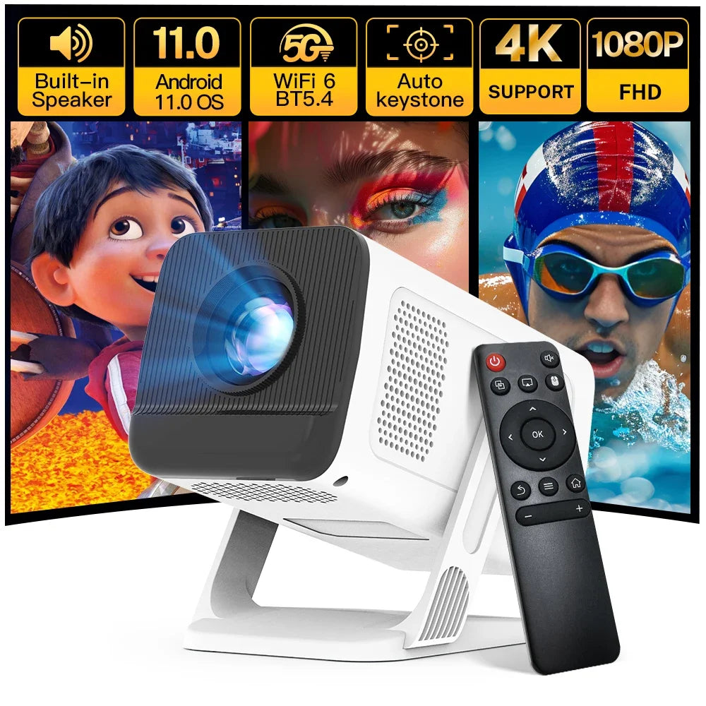 Device+ Smart Mini Projector 1080P 4K WiFi 6 & BT 5.4 Built-in Android TV Apps Auto Keystone 180° Rotation Outdoor Beamer 2000 Lumens