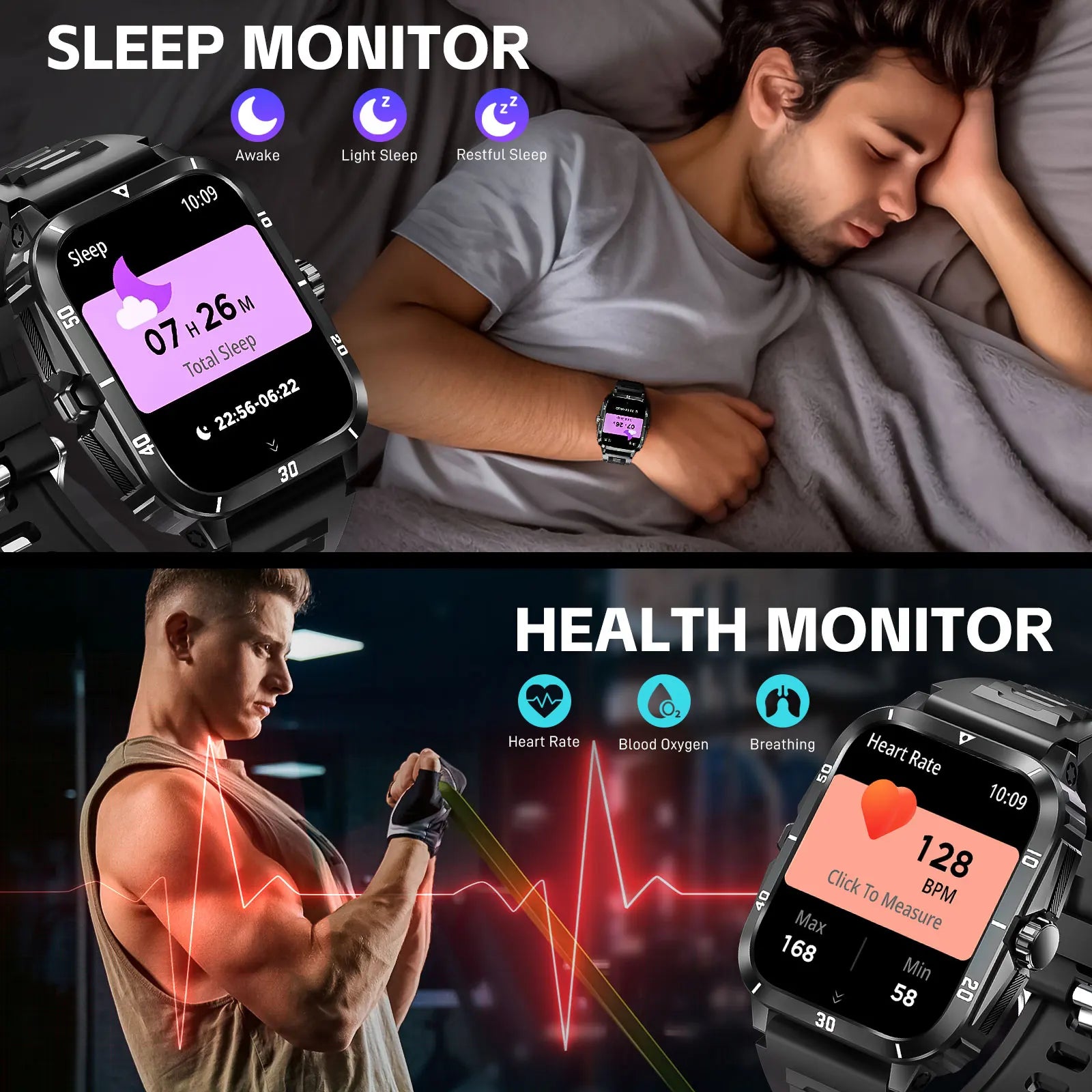 Device+ KT71 Military Grade Smart Watch - 3ATM Waterproof 100+ Sport Modes Blood Pressure Monitor