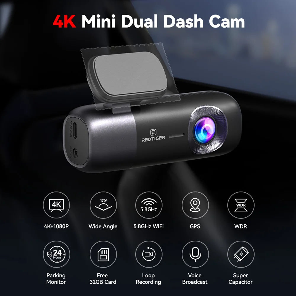 Device+ F9 4K Dash Cam with WiFi GPS Front And Rear Camera 64GB Night Vision Parking Mode Car Recorder for IOS/Android App Control