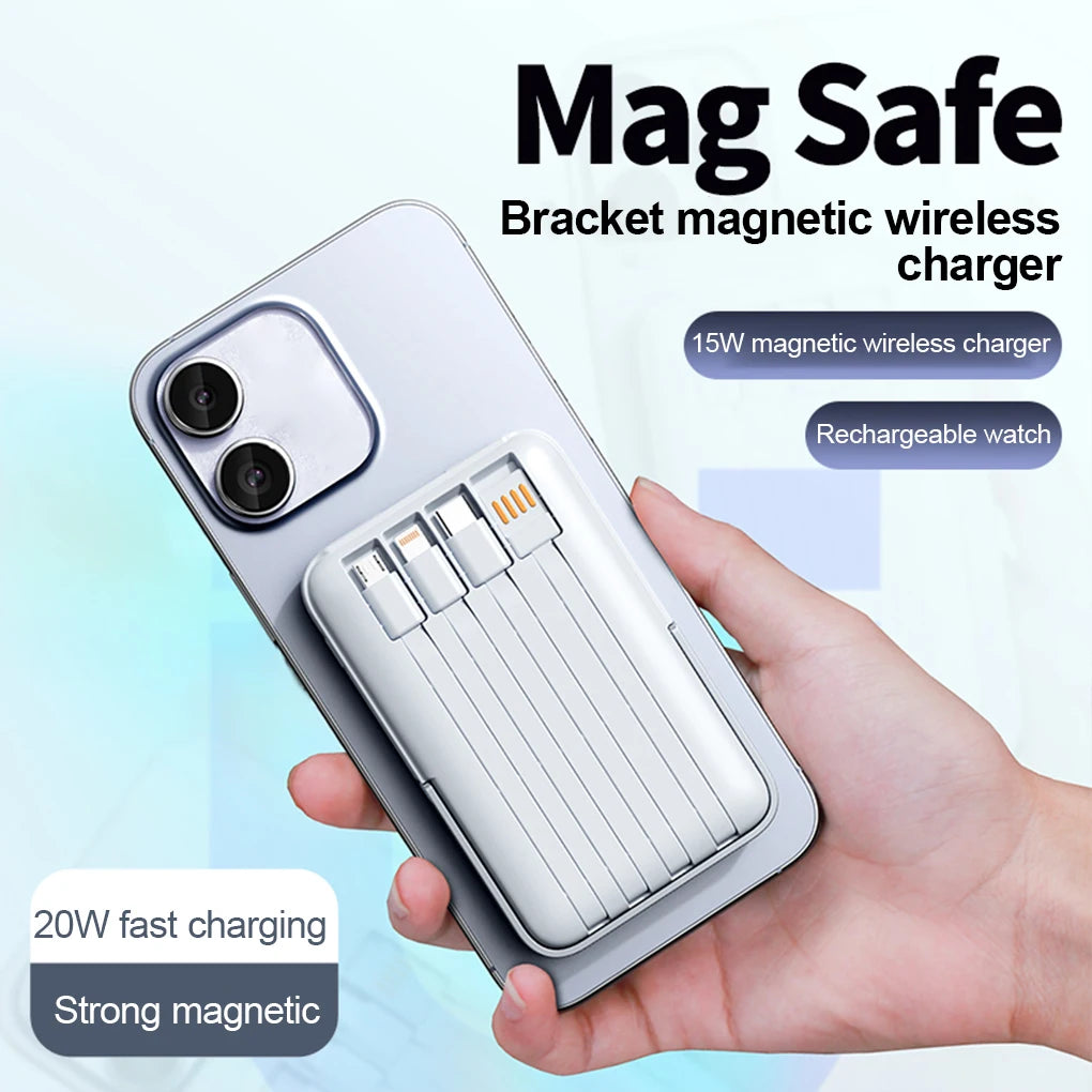 Device+ 10000mAh Magnetic Power Bank with Stand - 22.5W Wireless Fast Charging Built-In Cables
