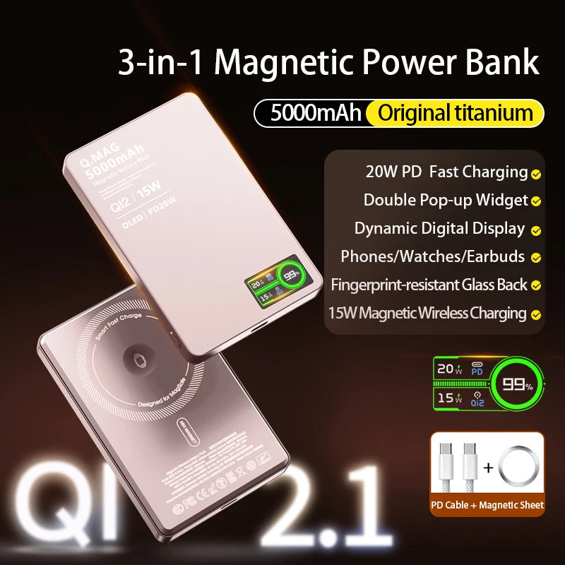 Device+ Qi 2.1 Magnetic Power Bank - 5000/10000mAh Wireless Fast Charging for iPhone 12-17 Pro