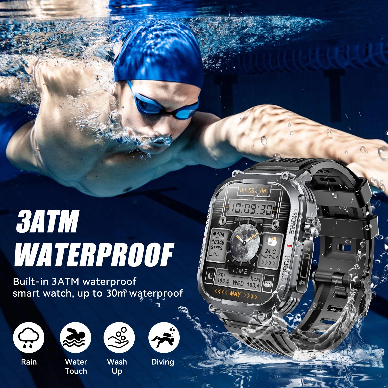 Device+ 3ATM Waterproof Smart Watch - 2.02" Display Compass LED Flashlight Sports Fitness Tracker