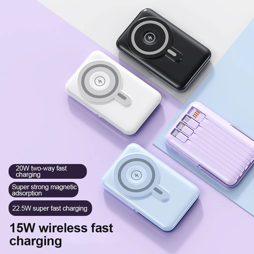 Device+ 10000mAh Magnetic Power Bank with Stand - 22.5W Wireless Fast Charging Built-In Cables