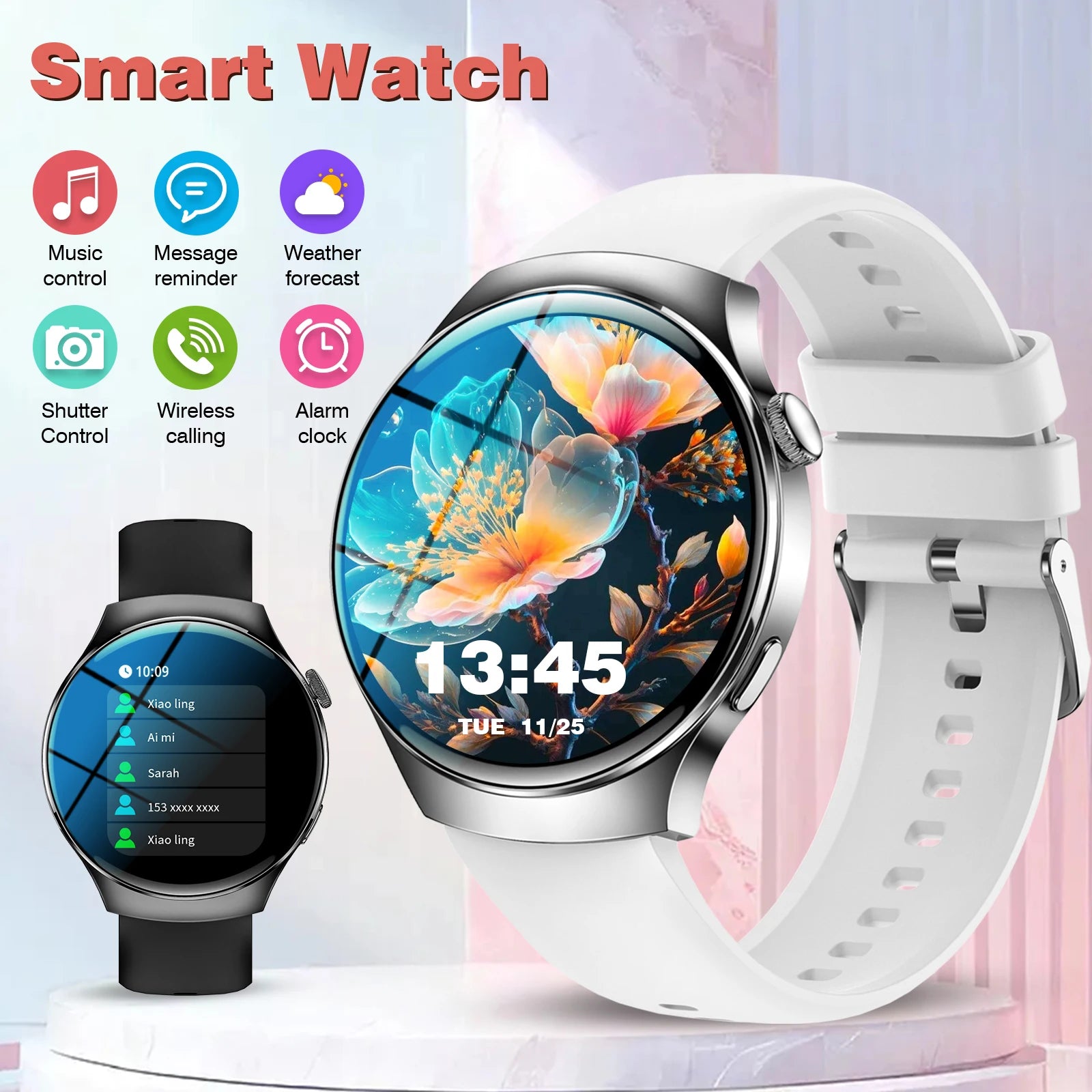 Elegant Floral Smart Watch - Round Display with Wireless Calling for Women & Men