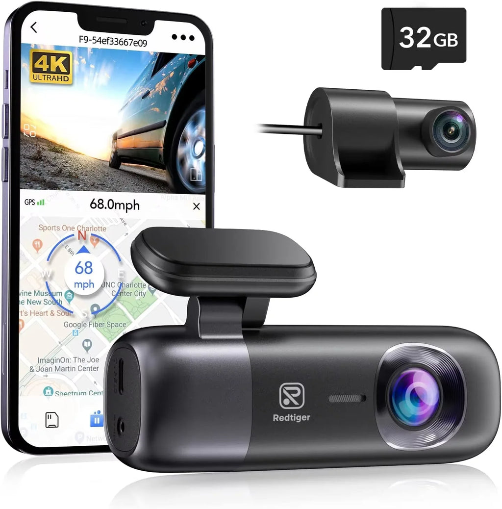 Device+ F9 4K Dash Cam with WiFi GPS Front And Rear Camera 64GB Night Vision Parking Mode Car Recorder for IOS/Android App Control