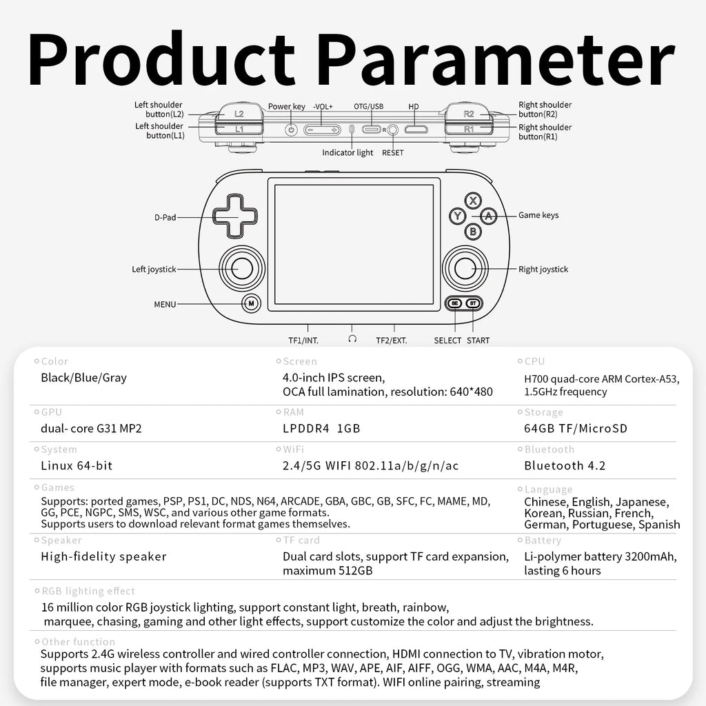 RG40XX H Retro Handheld Game Console - 4" Linux with RGB Lighting 5000+ Games WiFi Bluetooth