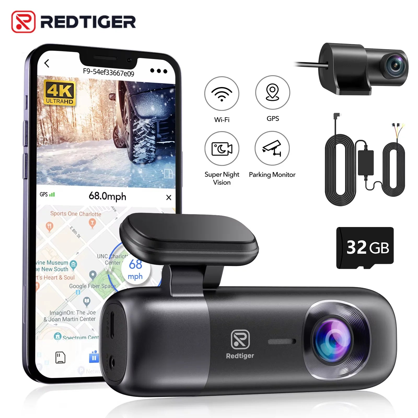 Device+ F9 4K Dash Cam with WiFi GPS Front And Rear Camera 64GB Night Vision Parking Mode Car Recorder for IOS/Android App Control