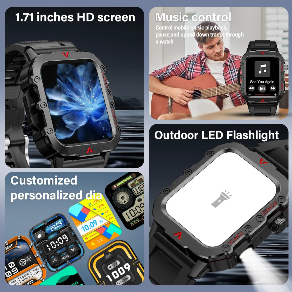 Device+ Men's Sports Smart Watch - 1.71" Blood Oxygen Monitor Bluetooth LED Flashlight Outdoor Fitness