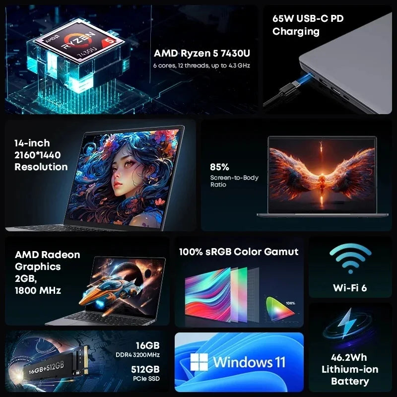 CoreBook X 14.1'' 2K Gaming Laptop AMD R5-7430U 16GB DDR4 RAM 512GB SSD Windows 11 Wifi6 up to 8h Battery Life