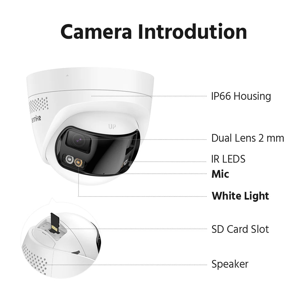 Device+ 8MP Dual Lens Security Camera POE IP Human Detection Two-Way Audio 180° Wide View Angle Indoor/Outdoor Bullet Camera