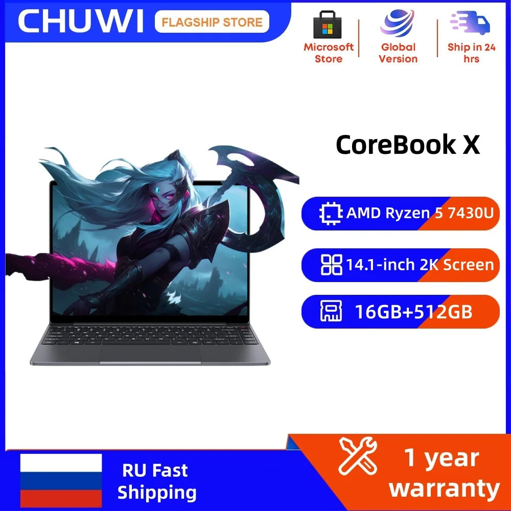 CoreBook X 14.1'' 2K Gaming Laptop AMD R5-7430U 16GB DDR4 RAM 512GB SSD Windows 11 Wifi6 up to 8h Battery Life