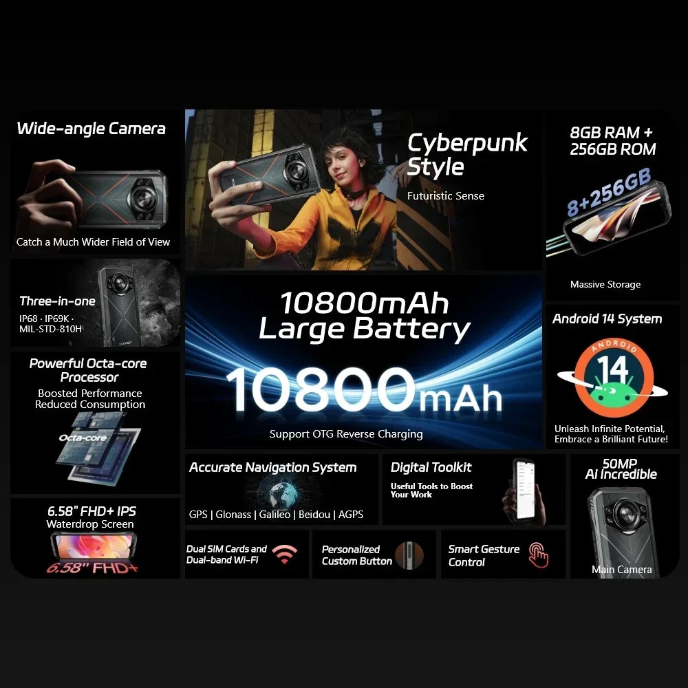 DOOGEE S Cyber Rugged Phone - 6.58" 90Hz 10800mAh 8GB+256GB 50MP AI Camera Android 14 IP68
