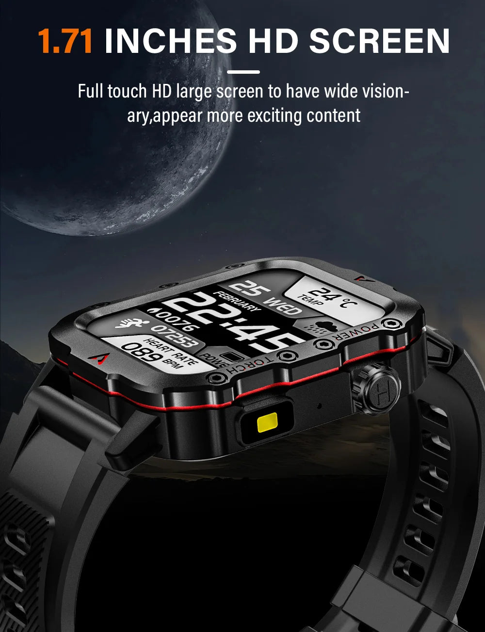 Device+ Men's Sports Smart Watch - 1.71" Blood Oxygen Monitor Bluetooth LED Flashlight Outdoor Fitness