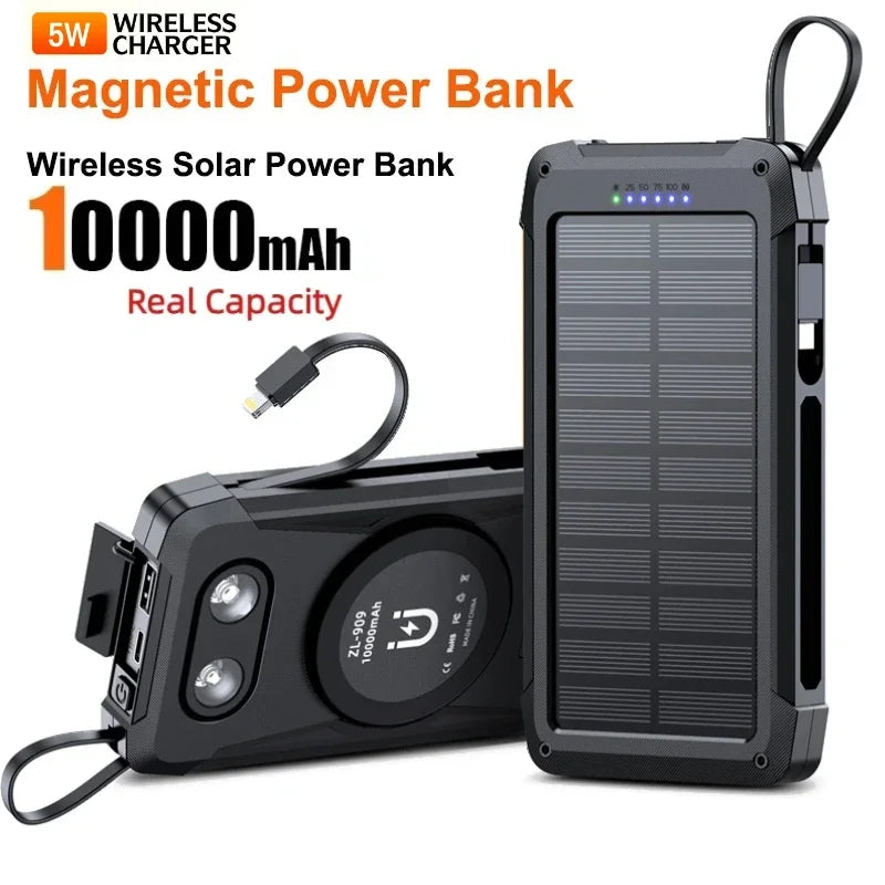 Device+ 20000mAh Solar Power Bank - 3-in-1 Magnetic 15W Wireless Charging with Built-In Cables