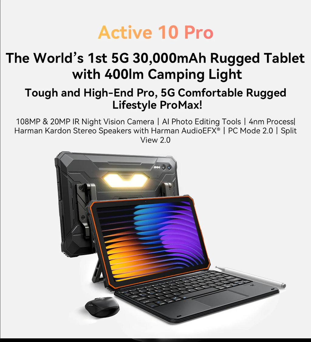 Device+ Active 10 Pro Rugged Tablets 11" FHD+ Display MTK 7300 30000mAh Battery 108MP Camera, 12GB 512GB, 5G Tablet Android 14