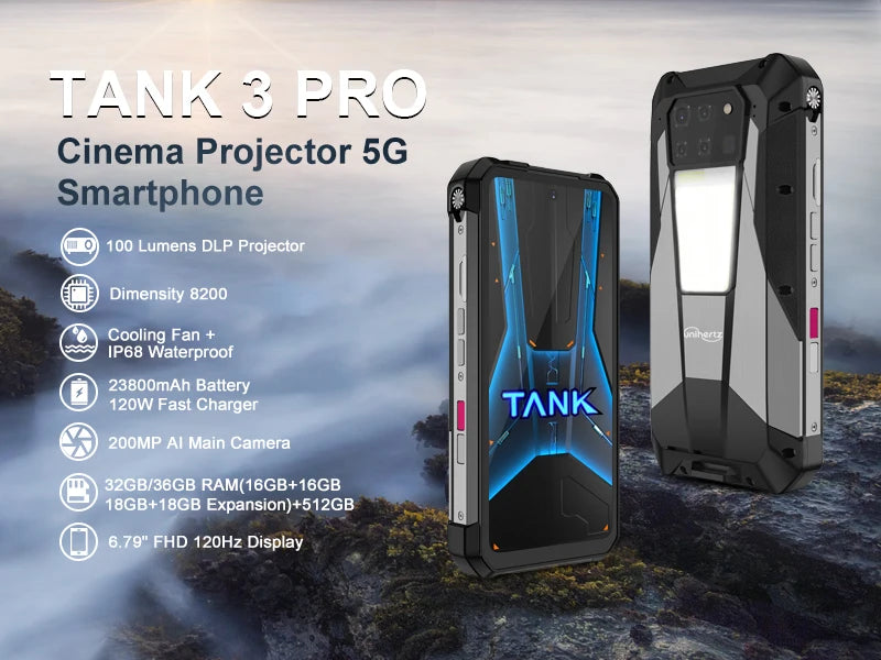 Tank 3 pro Rugged Smartphone Android 5G 100 Lumens Projector 32/36GB 512GB 23800mAh Waterproof 200MP - Unihertz
